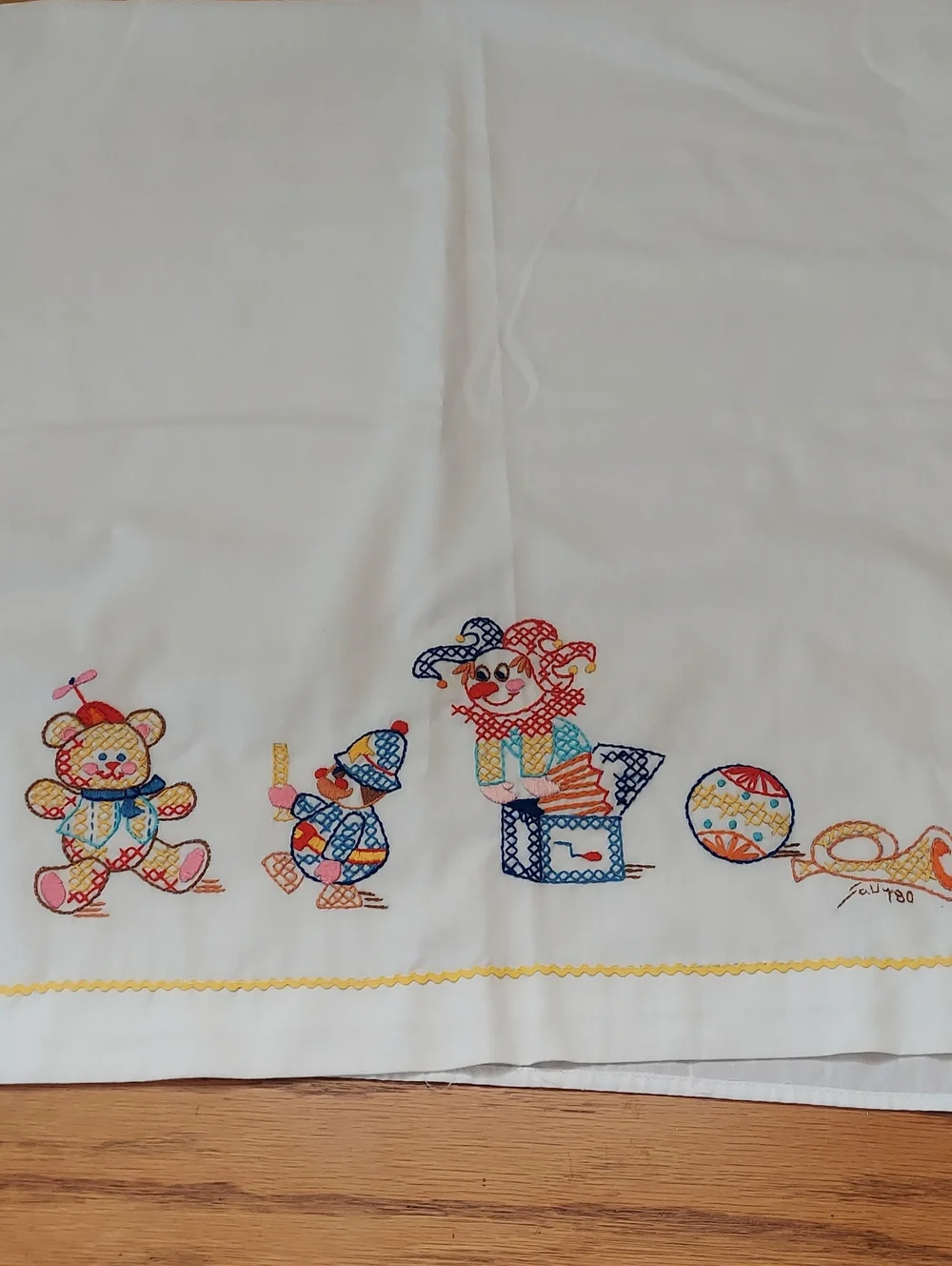 Playthings’ Crib Sheet Hand Embroidery from Bucilla Pattern  Vintage Clown Toys